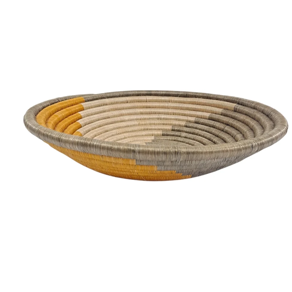 Woven Coil Basket Bowl Wall Hanging Orange Gray Cream 12